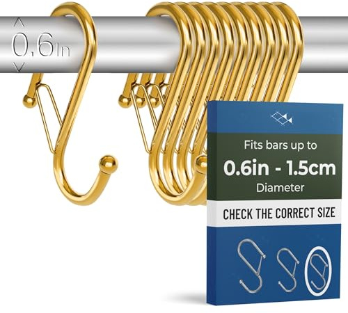 Blau Marité 10 Stück S Haken Klein für Stangen bis zu 1,5 cm Durchmesser – Kleine Haken zum Einhängen mit Sicherheitsschnalle – S-Haken aus Metall für Bad, Küche und Garten – Spind Haken – Gelbgold