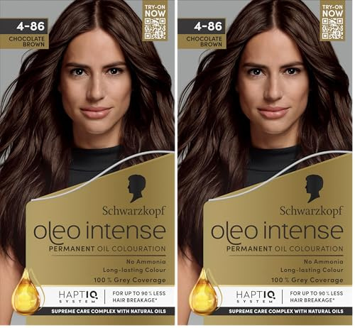 Schwarzkopf Oleo Intense Permanent Oil Colour 4-86 Chocolate Brown, 100% Grey Coverage, Conditioner with HaptIQ System, Long-Lasting Colour, Ammonia Free Hair Dye (Pack of 2)