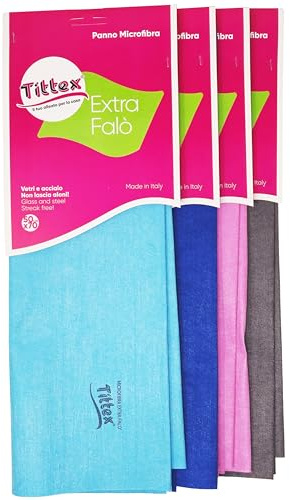 TITTEX - Panni Microfibra Vetri e Acciaio, Set 4, Pulizia Senza Aloni, Finestre, Specchi, TV, PC, Cucina, Bagno – Panni in Microfibra per Pulizia Casa, Lavabili, Resistenti.(50x70)