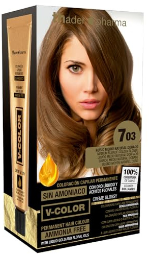 Thader Pharma V-Color Kit de Tinte permanente Sin Amoniaco con Oro Líquido 100% Cobertura de canas, 120 ml (No. 7.03 Rubio medio natural dorado)