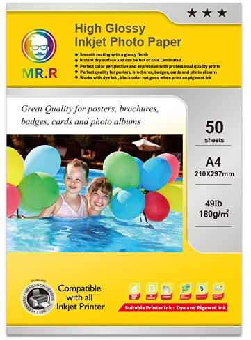MR.R 180g/m² 50 Blatt A4 Format einseitig hochglänzendes Inkjet-Fotopapier tintenstrahldrucker glänzend foto paper Sofort Trocken Wasserfest Hochweiß fotoblätter