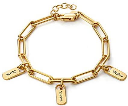 MyNameNecklace MYKA - Pulsera Rory™ Grabada de Eslabones de Cadena con Dijes Personalizados en Plata de Ley - Regalo para Día de las Madres, Regalos para Mujer (Chapado en Oro 18k)