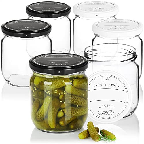 com-four® tarros de conserva 6x con tapa de rosca Homemade with love en blanco y negro - HASTA Ø 82 mm - hasta aprox. 425 ml