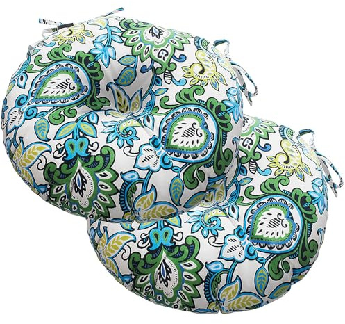 Magpie Fabrics Outdoor Round Bistro Seat Cushions with Ties, 15x15x4 Set of 2, Tufted Waterproof Barstool Chair Pads for Patio Home Garden Office, Floral Blue Green