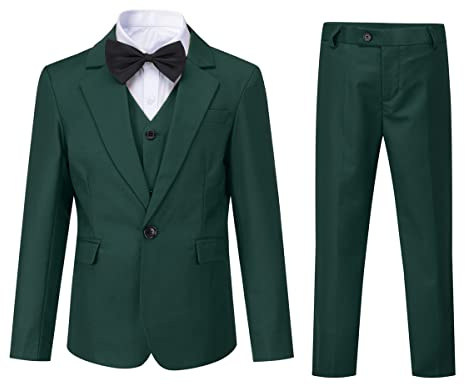 Sliktaa Pojkar 3 stycken kostymer en knapp revers krage kostymer bröllop födelsedag fest bal prestanda kostym kavaj väst byxor flerfärgad, Mörkgrön, 7 år