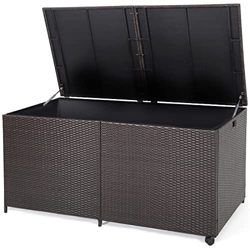 GIANTEX Auflagenbox Rattan 662 Liter mit Deckel Gartenbox mit 2 Rollen & Griff Kissenbox wetterfest mit Innentasche Kissentruhe Gasdruckfeder Aufbewahrungsbox Gartentruhe Auflagentruhe 150x77x72 cm