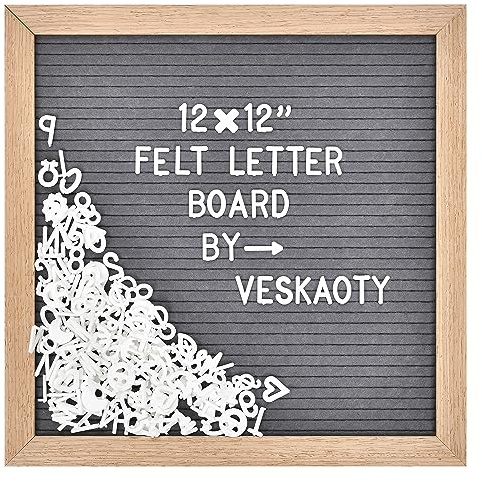 Filz-Briefbrett mit 460 Buchstaben, Zahlen und Symbolen – 30,5 x 30,5 cm wechselbare Nachrichtentafel mit Holzrahmen Wandhalterungshaken, Grautafel und Holzrahmen)