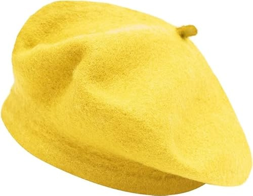 SARIMON Wool French Beret Hat for Men and Women in Plain Colours (Yellow)