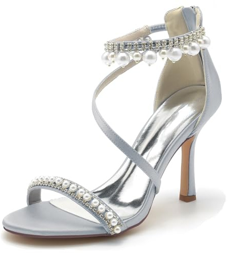 Hanfike Sandali da sposa tacchi per damigelle d'onore catene alla caviglia scarpe da festa formale JY123, Argento, 39.5 EU