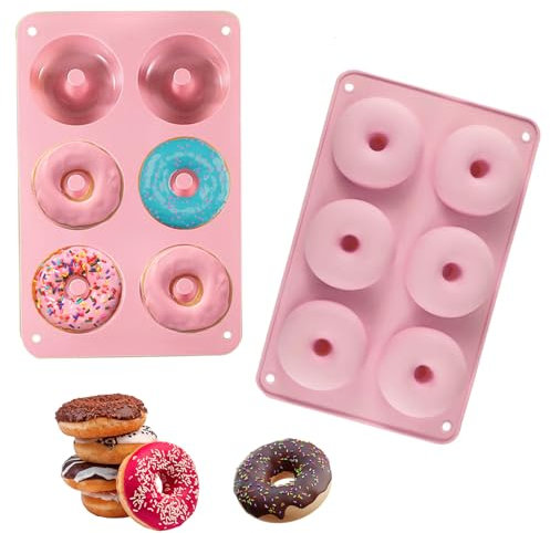 Pumuky 2 Stück Silikon Donutform,6 Hohlräume Antihaft Donutform,Hitzebeständig, Donuts Backform für Kuchen Bagels Cupcake Kekse Muffins(Rosa)