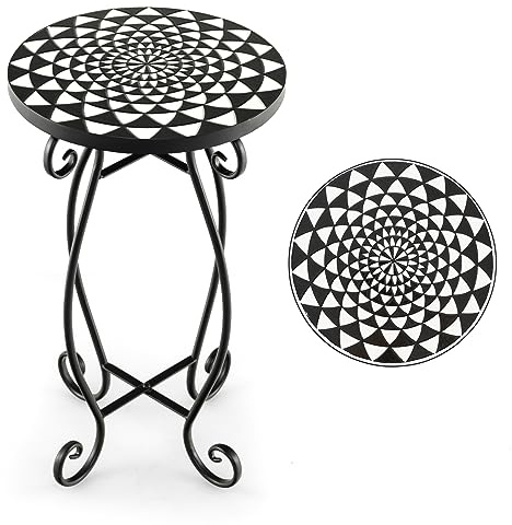 GOPLUS Table d’Appoint en Mosaïque, Table d’Appoint Ronde avec Plateau en Carreaux&Cadre en Métal Robuste, Support pour Plantes, Convient pour Balcon, Terrasse, Jardin, 30X30X50 CM (Noir)