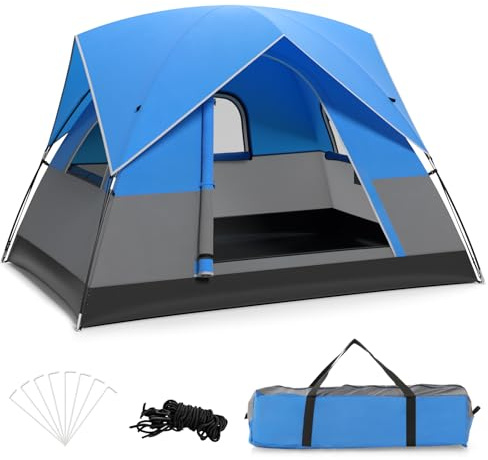 COSTWAY 3 Person Outdoor Camping Tent, Waterproof Family Tent with Removable Floor Mat, Rainfly & Carrying Bag, Portable Double-layer Dome Tent Sun Shelter for Hiking Traveling