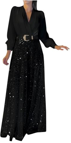 Sequin Jumpsuit Flare Glitter Jumpsuits for Women UK Sparkle Elegant Wedding Party Playsuit Clubbing Romper Wide Leg Office Evening Trousers V Neck Sexy Jumpsuit Ladies Playsuits Bling Clubwear
