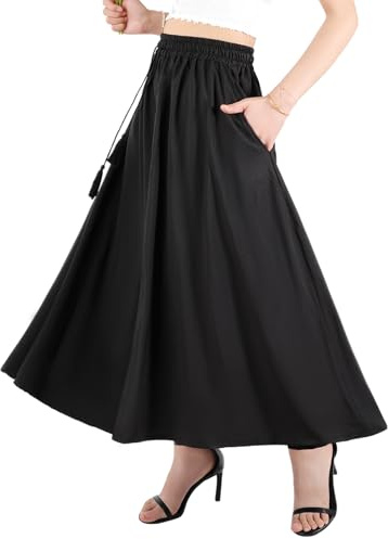 Faldas de verano Kefiyis para mujer Faldas de mujer del Reino Unido Faldas de cintura elástica Falda larga con bolsillos Falda midi con cordón, Negro, L