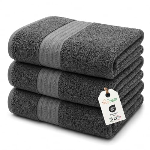 nice homeit - Juego de 3 Toallas de Baño Extra Suaves, 100% Algodón Made in Italy, Altamente Absorbentes y de Secado Rápido, Tamaño 75 x 140 cm, Color Gris Oscuro