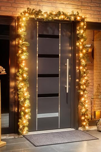 Tannengirlande 5 Meter mit 80 LED, erweiterbar, strombetrieben, inkl. 10 Meter Zuleitung, für Innen & Außen geeignet, künstliche Girlande mit Beleuchtung (Bernstein)