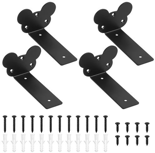 4 Stk Schwebende Regalhalterung, Metall Regalwinkel Schwerlast Regalhalterung Regalträger, L Winkel Regal Winkelträger, Regal Wandhalterung, Schwimmende Wandkonsole(Schwarz, 125mm, Mäuseohren)