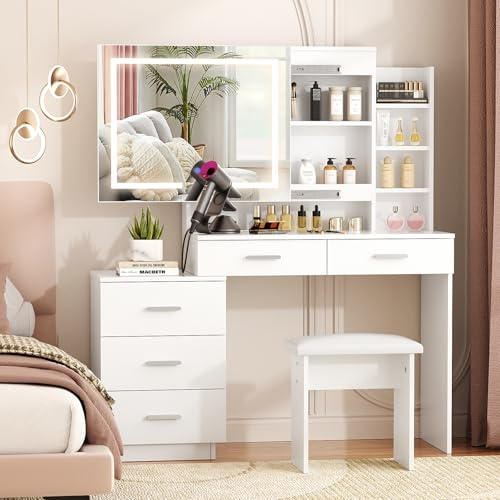VOWNER Schminktisch mit LED-Beleuchtung Spiegel, Frisiertisch mit Schiebespiegel und Hocker, 3 Farben mit Einstellbarer Helligkeit, mit 5 Schubladen und 6 Ablagen, 40Tx120Bx142H cm (Weiß)
