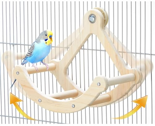 Bird Perch Toy, Interactive Rocking Parakeet Toys and Perches, Wooden Exercise Wheel Cockatiel Toys, Intelligence Puzzle Birds Enrichment Toy for Parrot, Bird Cage Accessories Perch for Budgies Conure