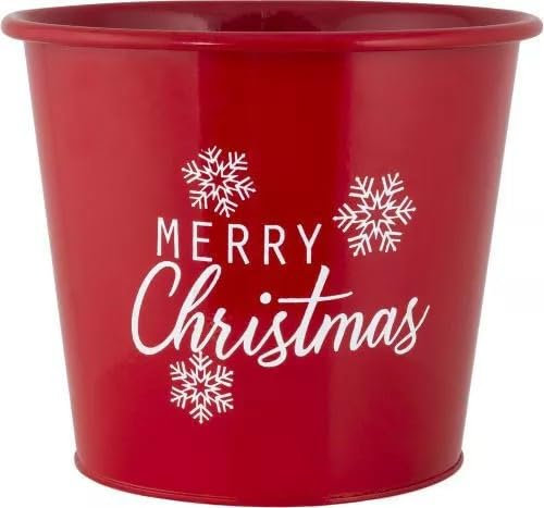 Fyne-Finds Metal Merry Christmas Red Plant Pot Pail 20cm, 8inch Planter Xmas Decor SnowFlakes Themed Pots (1)