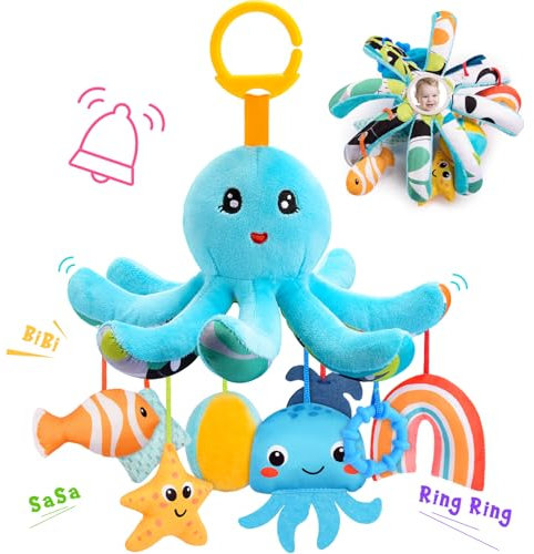 HappyKidsClub Plüsch Oktopus Baby Spielzeug 0-18 Monate – mit 8 hängenden Sensory-Spielzeugen & Spiegel– Baby Montessori Motorikspielzeug für Kinderwagen, Kinderbett (waschbar, Bio-Baumwolle)