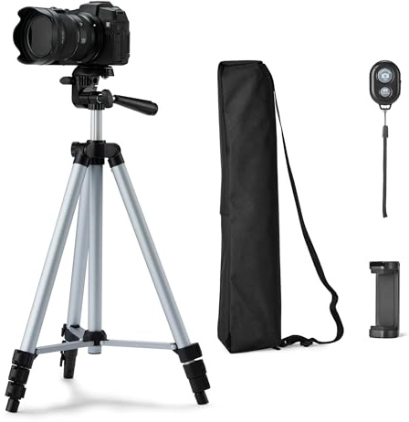 Amazon Basics Trépied 127,0cm pour Téléphone et Appareil Photo Reflex Numérique, Léger, avec Sac, Télécommande sans Fil et Support pour Téléphone, Hauteur Réglable, Argent
