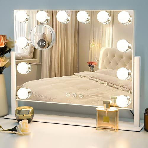 Sucedey Vanity Mirror, Hollywood Makeup Mirror with 12 Light Bulbs, 3 Color Modes and Adjustable Brightness, Touch Control, Detachable 10X Zoom Mirror (White)