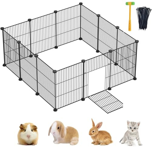 Lxvckly Pet Playpen, Small Animals Playpen with Door, DIY Encrypted Metal Wire Rabbit Fence, Guinea Pigs Cages, Kitten Playpen, Indoor & Outdoor Yard Fence for Small Animals 12 Pcs Panels Black