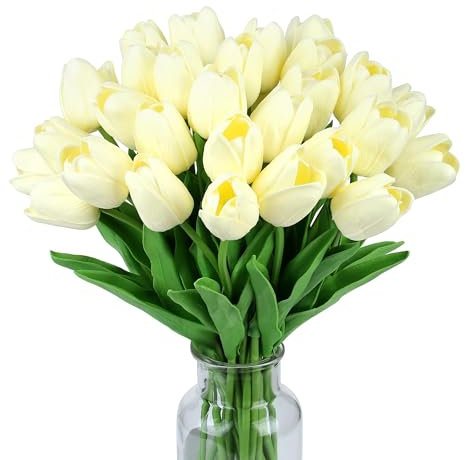 Wekuw 15PCS Tulipe Fleurs Artificielles Tulip Fausse Fleur Bouquet Fleur Artificielle Latex Tulipes,Fleurs PU Faux Tulipes pour Mariage Intérieur et Extérieur, Décoration de Fête DIY(Blanc Laiteux)