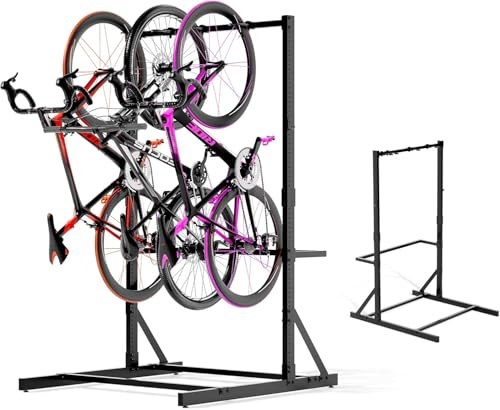 Porte vélo indépendant pour garage, capacité de charge 136 kg, support de stockage pour 5 vélos, porte-vélo en acier à positionnement vertical avec des crochets et des crochets pour casques