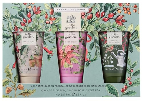 Heathcote & Ivory Hand Cream, Body Wash, Foot Cream x2 75ml, Moisturiser, Shea Butter, Vitamin E, Garden Rose Scent, Travel Size, Vegan and Cruelty Free, Beauty Gift, Christmas Stocking Filler