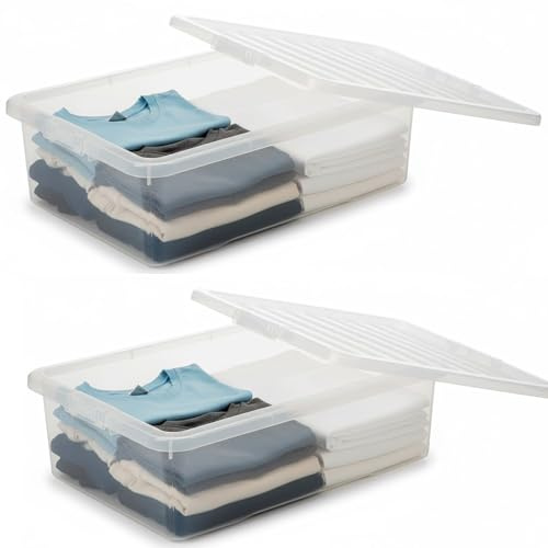 ALEEZ - 32L Under Bed Storage Box - Clear Underbed box with Lid - Nestable & Stackable Storage Boxes - Space-Saving ‎Flat Rectangular Clothes Organizer - Transparent Storage for Shoes, Toys (2)