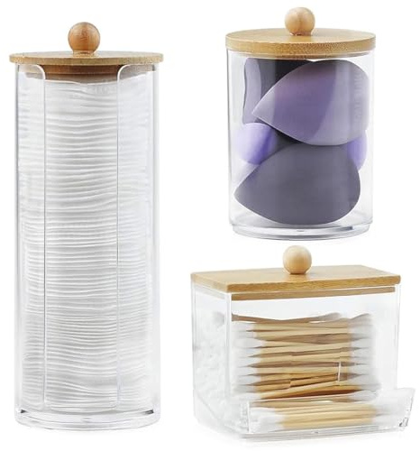 sengcengs 3 dischetti di cotone con coperchi in bambù, contenitori per tamponi di cotone, dispenser per tamponi di cotone, supporto per tamponi di cotone, adatti per tavoli da toeletta, soggiorno e