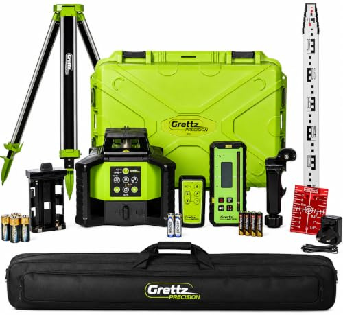 Grettz G70 Red Beam Rotary Laser Level Kit — Dual Grade, Self-Levelling | Full kit: tripod, levelling staff & digital receiver included