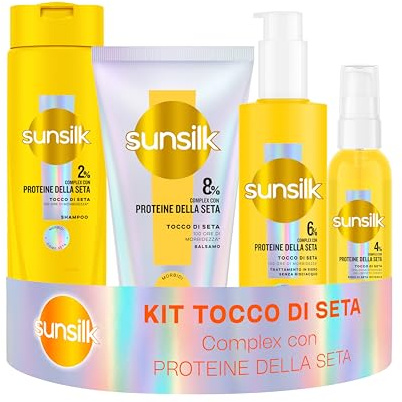 Sunsilk Kit Tocco di Seta Shampoo 250ml, Balsamo 180ml, Siero Senza Risciacquo 200ml e Siero di Seta Invisibile 75ml, Set Cura Capelli Morbidi e Setosi, con Proteine della Seta 100h di Morbidezza*