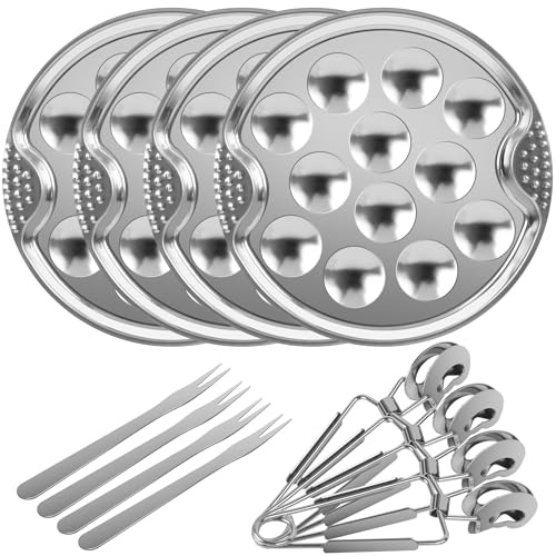 SYCEES 4 Set di Piatti per Lumache con 4 Forchette e 4 Pinze in Accaio Inossidabile, Piatti Ø19cm con 12 Tacche,Vassoio per Degustazione Conchiglie Frutti di Mare Escargot,Teglia Lumache da Forno