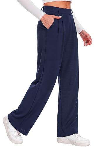 Litherday Pantalones Mujer Rectos Cintura Alta Elásticos con Bolsillos Pantalón Fluido Cómodo Oficina Casual Pierna Ancha Elegante S-XXL