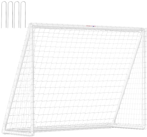 SPORTNOW But de Football 2,4 x 1,8 m avec Filet Poteaux en PVC Blanc | Cage de Foot pour Jardin ou Parc, But d'Entraînement, Poteaux en PVC, Piquets de Sol, Installation Rapide