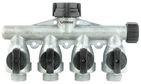 Gilmour Heavy Duty 4 Way Garden Hose Splitter, Quad Water Hose Splitter with Shut Off Valve, Metal Water Manifold, Aluminum