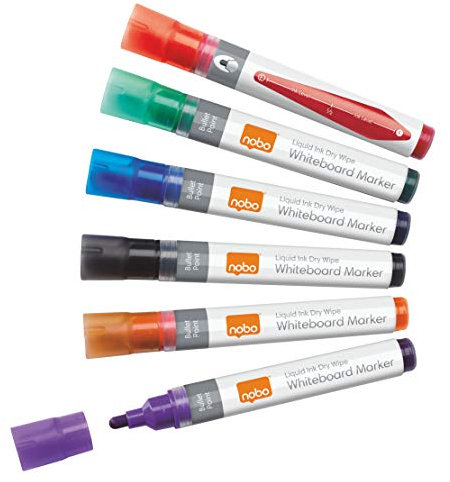 Nobo Liquid Ink Whiteboardmarker-Set, 6 Stück, Feine 3 mm Rundspitze, Mehrfarbig, 1901077