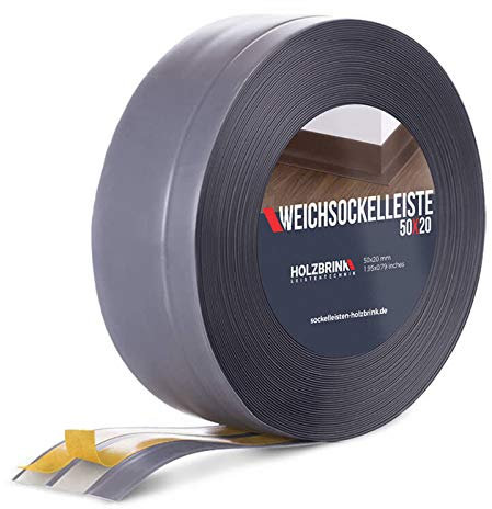 HOLZBRINK Weichsockelleiste selbstklebend PVC 50x20mm, 15 m | Winkelleiste für Küchenarbeitsplatte, Bodenbelag | Eckleiste selbstklebend | Farbe: Dunkelgrau