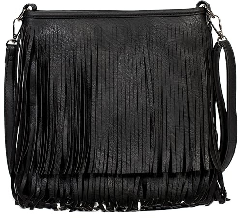 Big Handbag Shop Dakota - Borsa a tracolla da donna con frange e nappe, in ecopelle, con tracolla lunga, Nero
