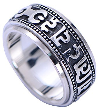 ForFox Anillo Giratorio Mantra Om Mani Padme Hum Budista de Plata de Ley 925 para Hombres Mujeres 10mm Talla 15