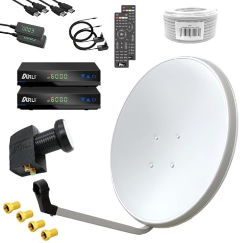 ARLI HD digital Sat Anlage 60 cm Weiß/Lichtgrau Komplettset für 2 Teilnehmer komplett inkl. 2X Receiver DVB-S2 + Twin LNB + 50 m Koaxialkabel + 4X F-Stecker Satellitenschüssel UHD (4K / 8K) 3D