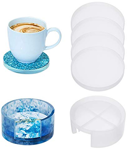 Xinstroe 5 Pcs Coaster Mould for Resin Epoxy Resin Moulds with Round Silicone Coaster Mold and Storage Box Mould Resin Kits for Beginners Cups Mats, Home Decoration