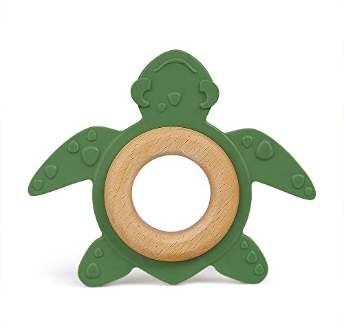 GRÜNSPECHT Bio-Beißtier aus Naturkautschuk mit Holzring, Zahnungshilfe & Spielzeug, massiert Zahnfleisch, BPA frei, fördert Feinmotorik, Schildkröte, grün (689-00), 1 Stück (1er Pack)