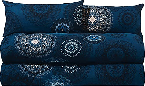 Erwin Müller Bettwäsche, Bettgarnitur Sparpaket 4-TLG. Flanell - Mandala - mollig warm, temperaturregulierend, mit praktischem Reißverschluss - dunkelblau Größe 40x80 cm / 135x200 cm