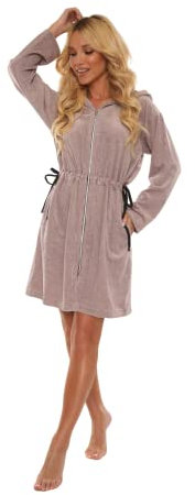 FOREX Lingerie kuscheliger und moderner Damen Bademantel, mit Reißverschluss, Kapuze & Taschen, made in EU, beige-meliert, Gr. S