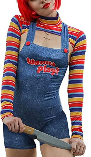 Lot de 2 costumes d'Halloween pour femme - Nightmare Killer effrayant Wanna Play - Robe de personnage de film - Chucky Doll - Combinaison - 38