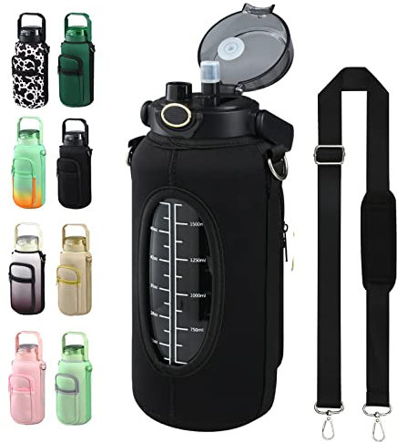 chunmo Half Gallon 64oz Glass Water Bottle with Straw and Storage Sleeve Motivational Water Bottle with Strap and Time to Drink 2L Leakproof Reusable Water Jug for Fitness Gym and Outdoors